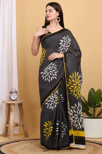 Elegant Floral Mulmul Cotton Block Printed Saree with Blouse Piece