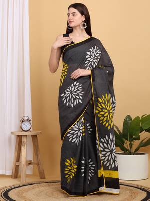 Elegant Floral Mulmul Cotton Block Printed Saree with Blouse Piece 1