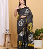 Elegant Floral Mulmul Cotton Block Printed Saree with Blouse Piece