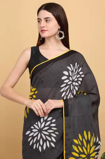 Elegant Floral Mulmul Cotton Block Printed Saree with Blouse Piece