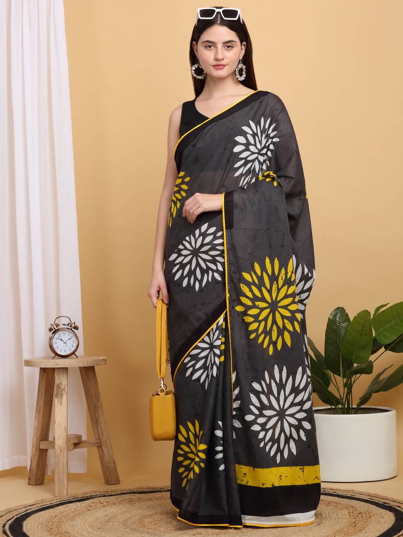 Elegant Floral Mulmul Cotton Block Printed Saree with Blouse Piece