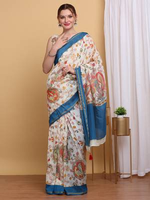 Elegant Chanderi Silk Kalamkari Print Saree with Blue Border 1