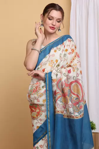 Elegant Chanderi Silk Kalamkari Print Saree with Blue Border