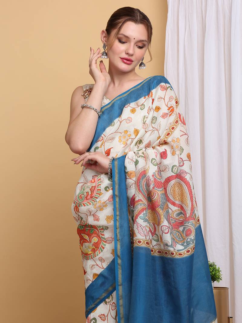 Elegant Chanderi Silk Kalamkari Print Saree with Blue Border