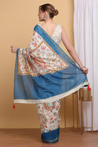 Elegant Chanderi Silk Kalamkari Print Saree with Blue Border