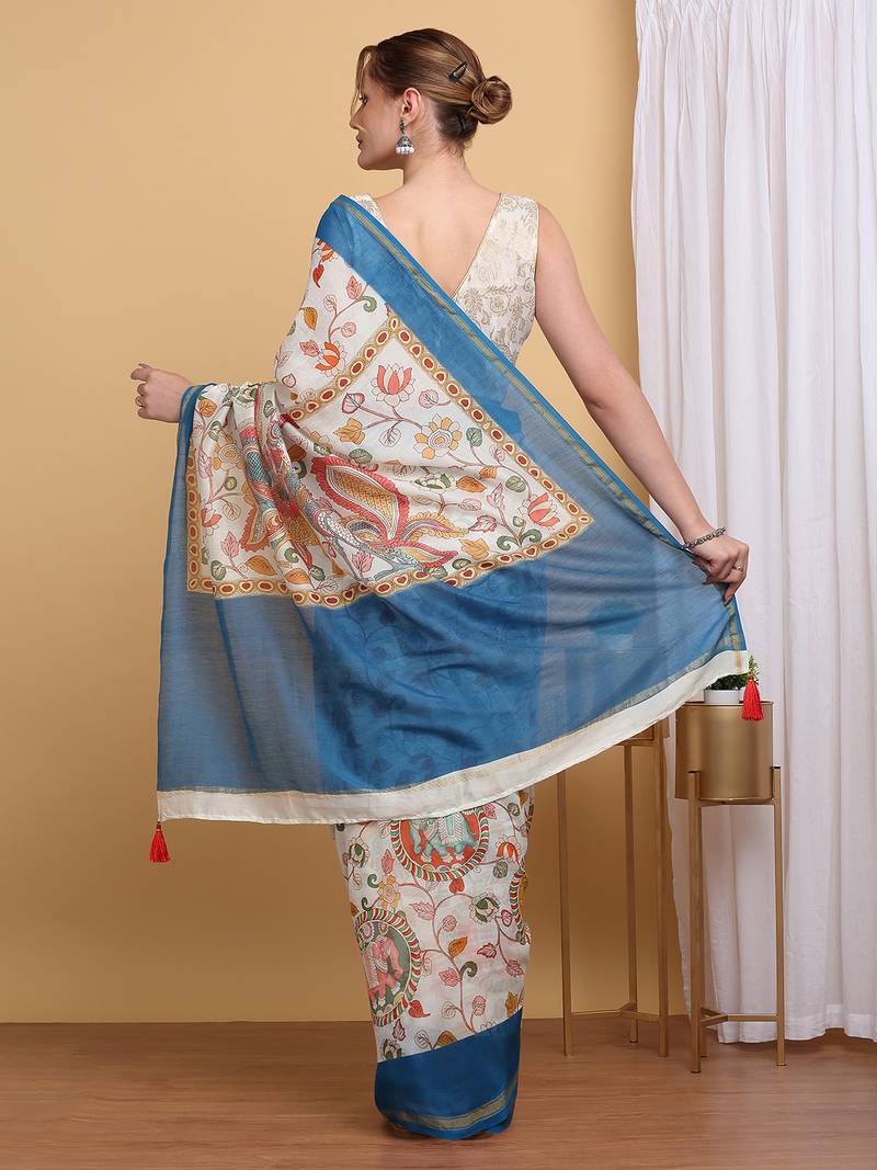 Elegant Chanderi Silk Kalamkari Print Saree with Blue Border