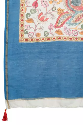 Elegant Chanderi Silk Kalamkari Print Saree with Blue Border