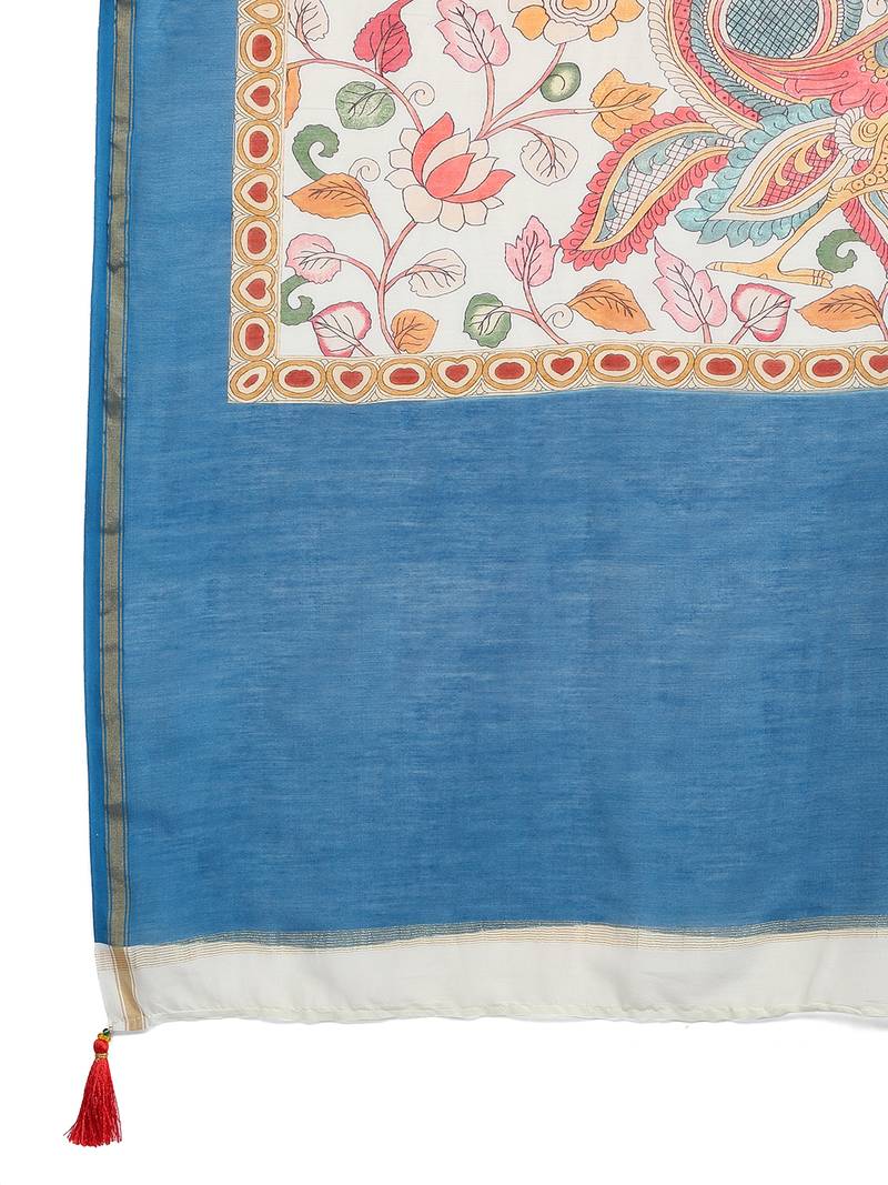 Elegant Chanderi Silk Kalamkari Print Saree with Blue Border