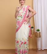 Floral Chanderi Silk Digital Print Saree with Pink Border