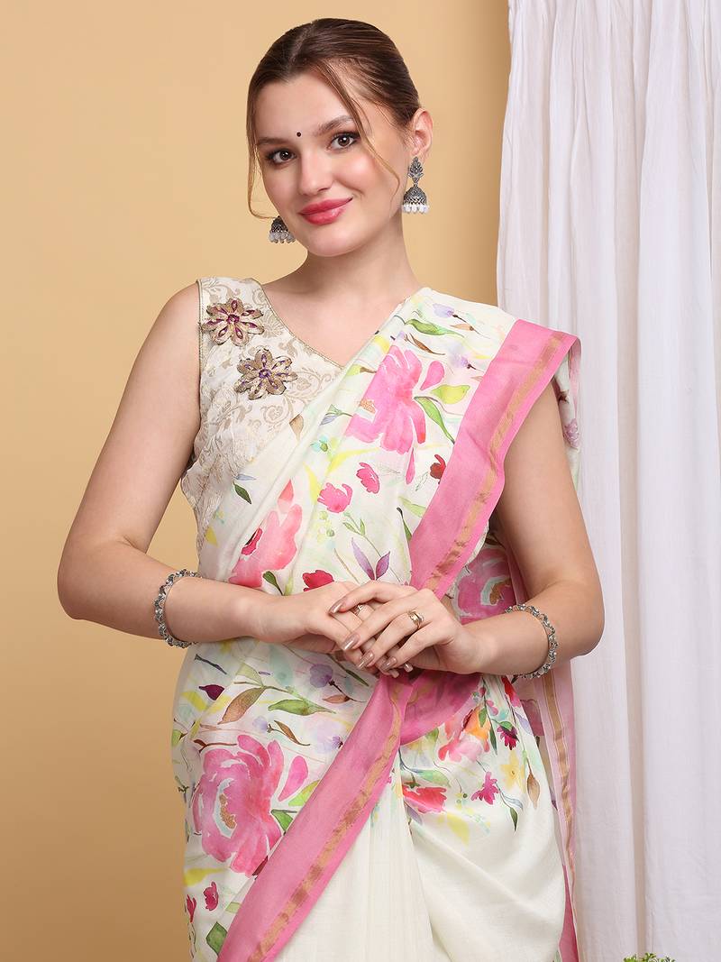 Floral Chanderi Silk Digital Print Saree with Pink Border