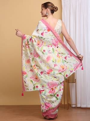 Floral Chanderi Silk Digital Print Saree with Pink Border 3