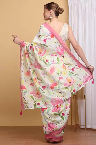 Floral Chanderi Silk Digital Print Saree with Pink Border