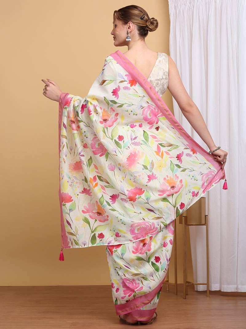Floral Chanderi Silk Digital Print Saree with Pink Border