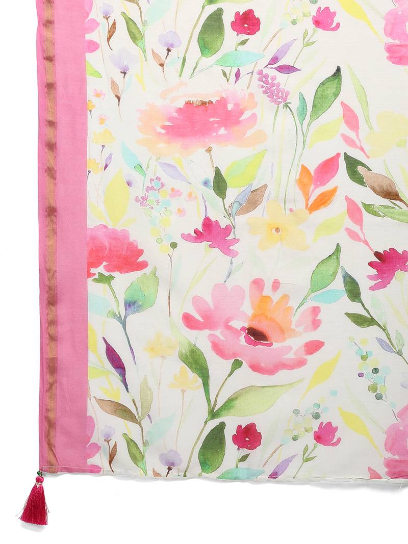 Floral Chanderi Silk Digital Print Saree with Pink Border