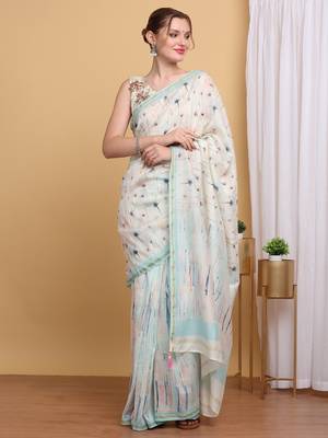 Pastel Chanderi Silk Digital Print Saree with Subtle Floral Design 1