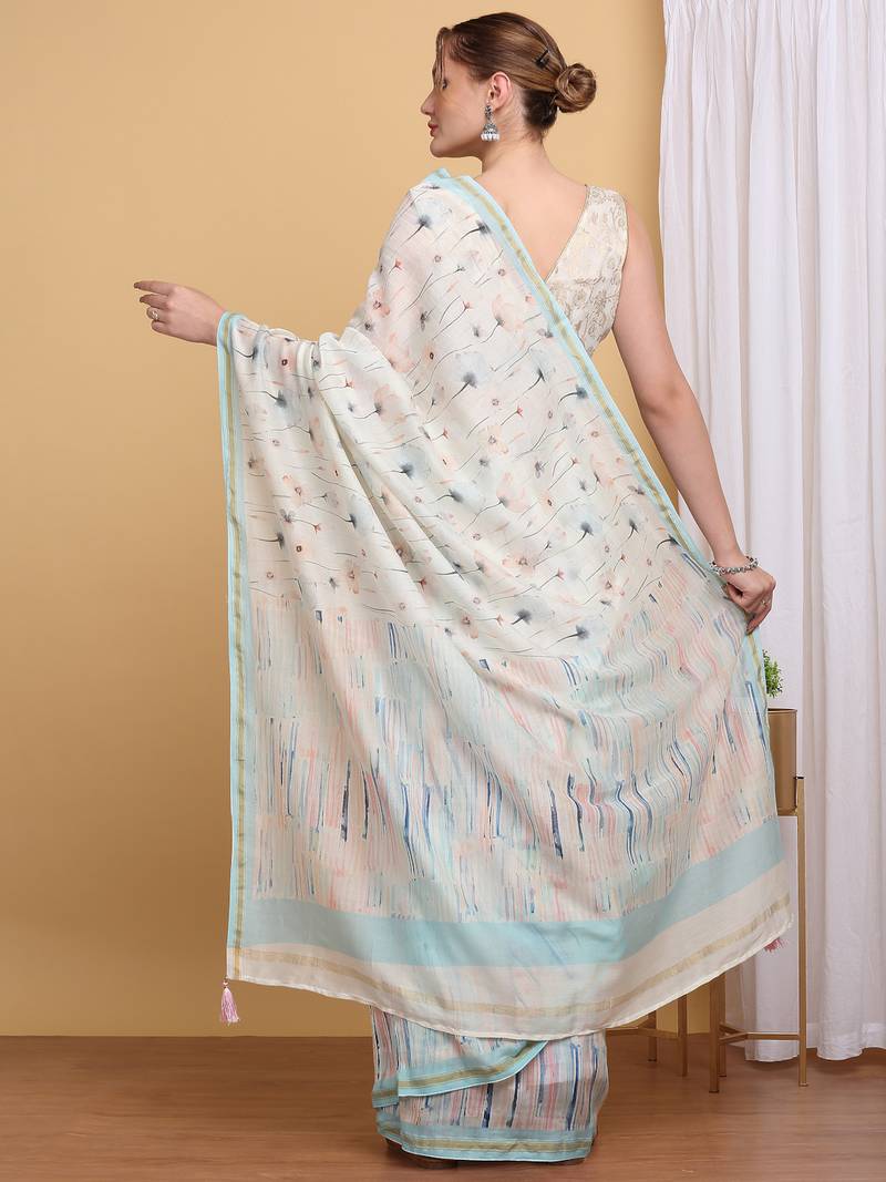 Pastel Chanderi Silk Digital Print Saree with Subtle Floral Design