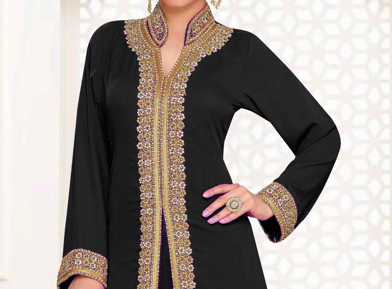 Black color luxurious Full Sleeves Handmade Moroccan Kaftan.