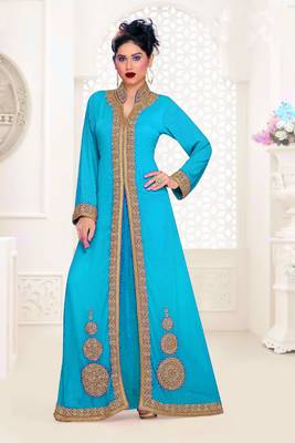 Cyan Georgette Embroidered Zari Work Islamic Clothing 1