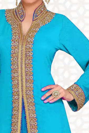 Cyan Georgette Embroidered Zari Work Islamic Clothing