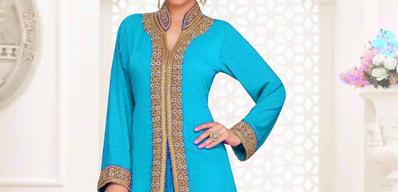 Cyan Georgette Embroidered Zari Work Islamic Clothing