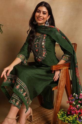 Green embroidered silk blend fancy straight trousers with dupatta