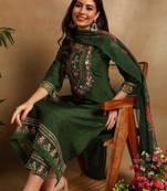 Green embroidered silk blend fancy straight trousers with dupatta