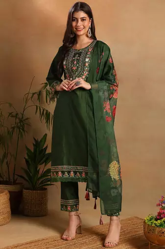 Green embroidered silk blend fancy straight trousers with dupatta
