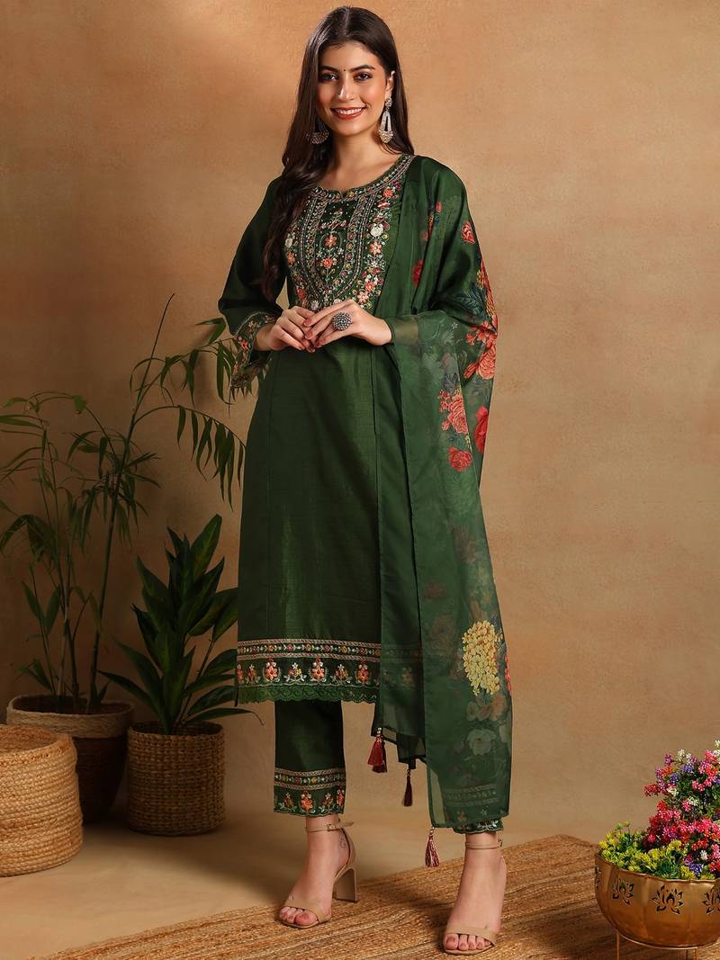Green embroidered silk blend fancy straight trousers with dupatta