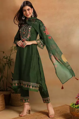 Green embroidered silk blend fancy straight trousers with dupatta