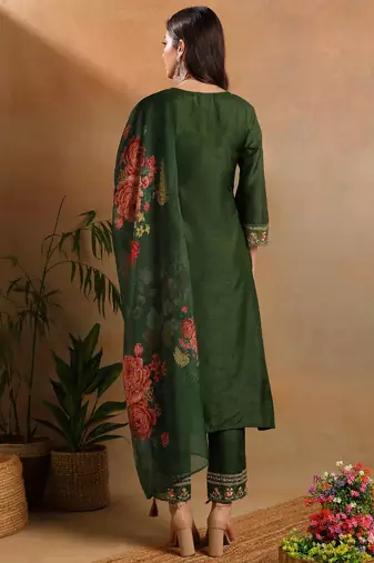 Green embroidered silk blend fancy straight trousers with dupatta
