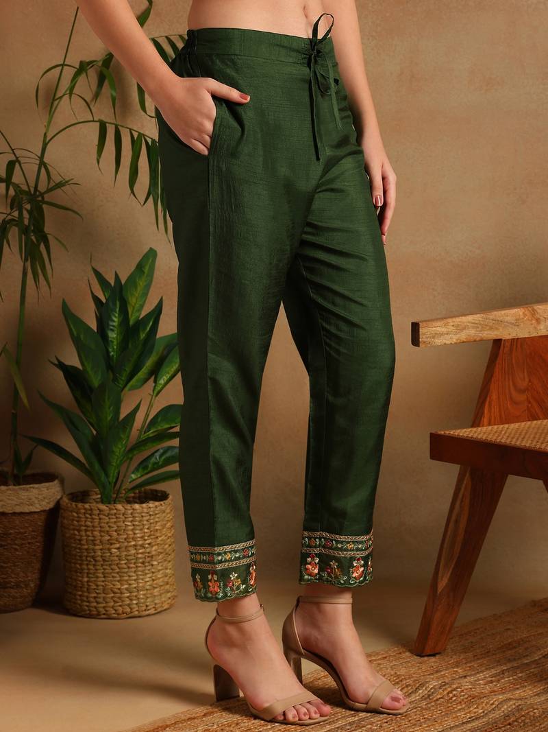 Green embroidered silk blend fancy straight trousers with dupatta