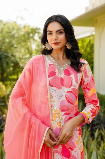 Peach printed cotton blend fancy straight trousers with dupatta