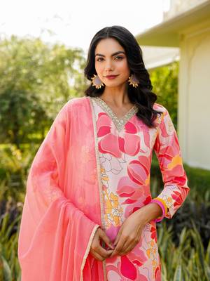 Peach printed cotton blend fancy straight trousers with dupatta 1