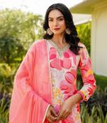 Peach printed cotton blend fancy straight trousers with dupatta