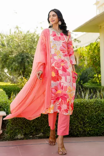 Peach printed cotton blend fancy straight trousers with dupatta