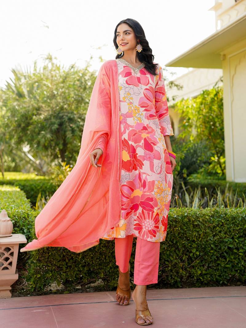 Peach printed cotton blend fancy straight trousers with dupatta