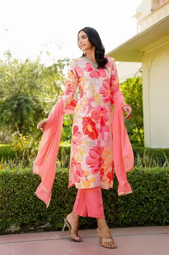 Peach printed cotton blend fancy straight trousers with dupatta