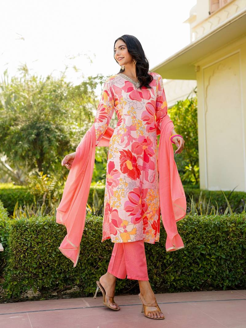 Peach printed cotton blend fancy straight trousers with dupatta