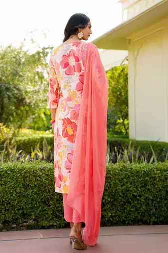 Peach printed cotton blend fancy straight trousers with dupatta
