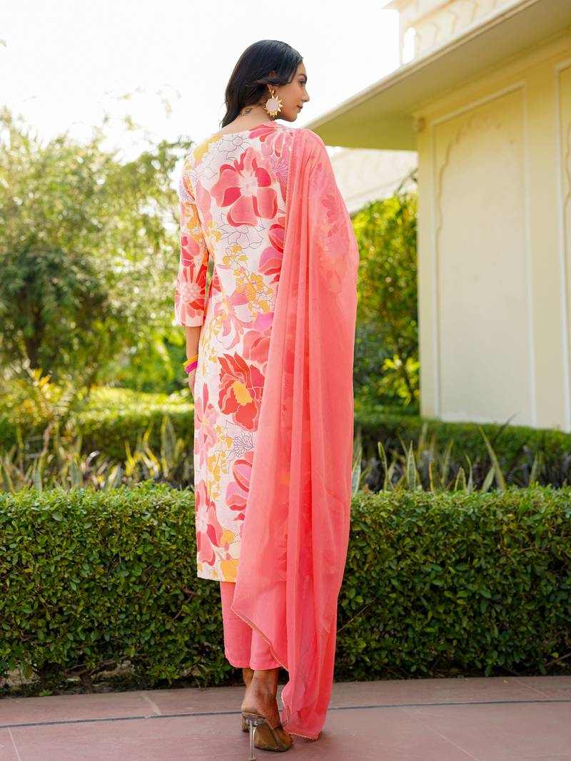 Peach printed cotton blend fancy straight trousers with dupatta