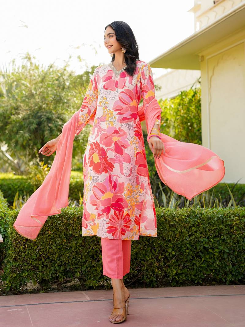 Peach printed cotton blend fancy straight trousers with dupatta
