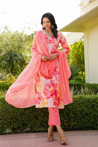 Peach printed cotton blend fancy straight trousers with dupatta