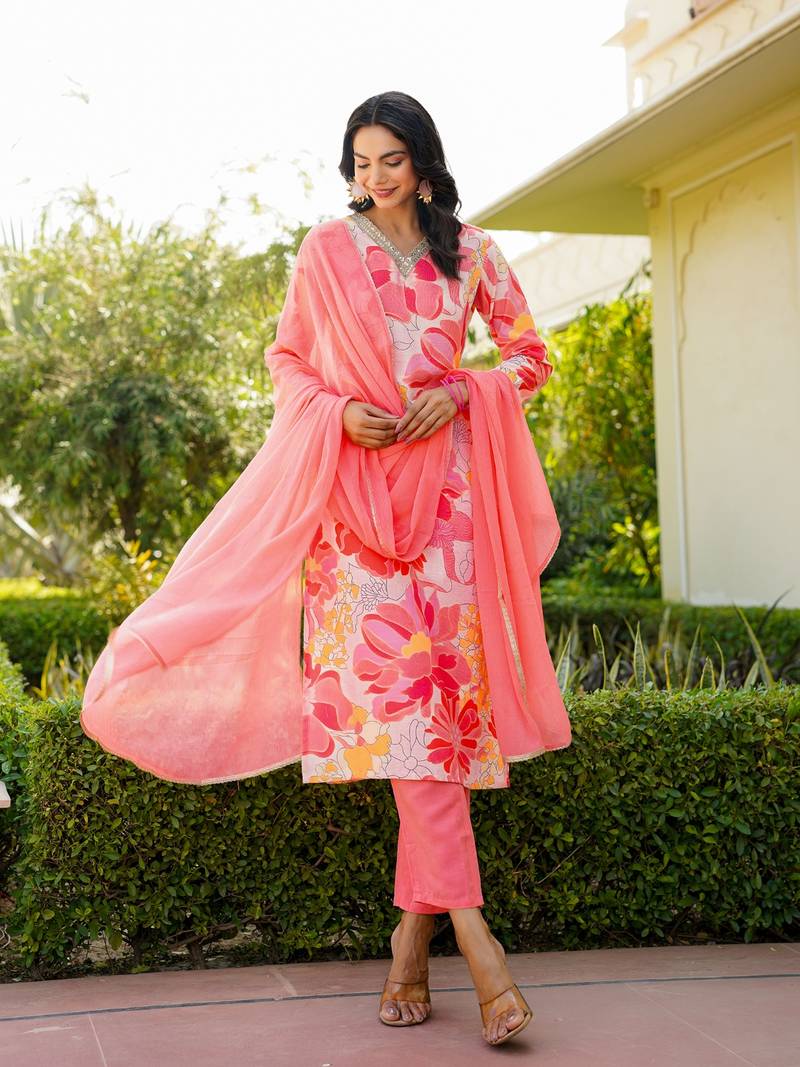 Peach printed cotton blend fancy straight trousers with dupatta