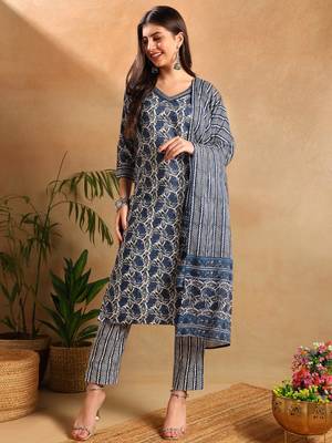 Blue printed cotton blend fancy straight trousers with dupatta 1