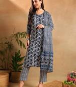 Blue printed cotton blend fancy straight trousers with dupatta