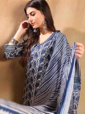 Blue printed cotton blend fancy straight trousers with dupatta 2