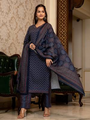 Navy blue printed cotton blend fancy straight trousers with dupatta 1