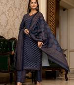Navy blue printed cotton blend fancy straight trousers with dupatta