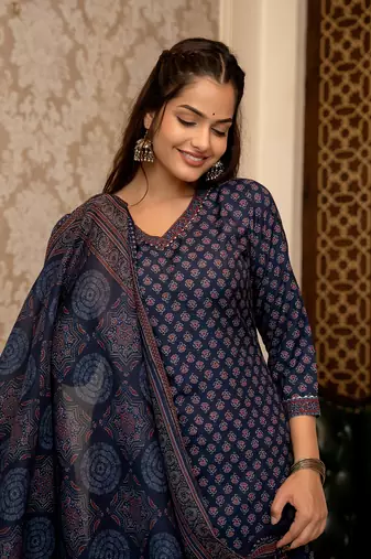 Navy blue printed cotton blend fancy straight trousers with dupatta
