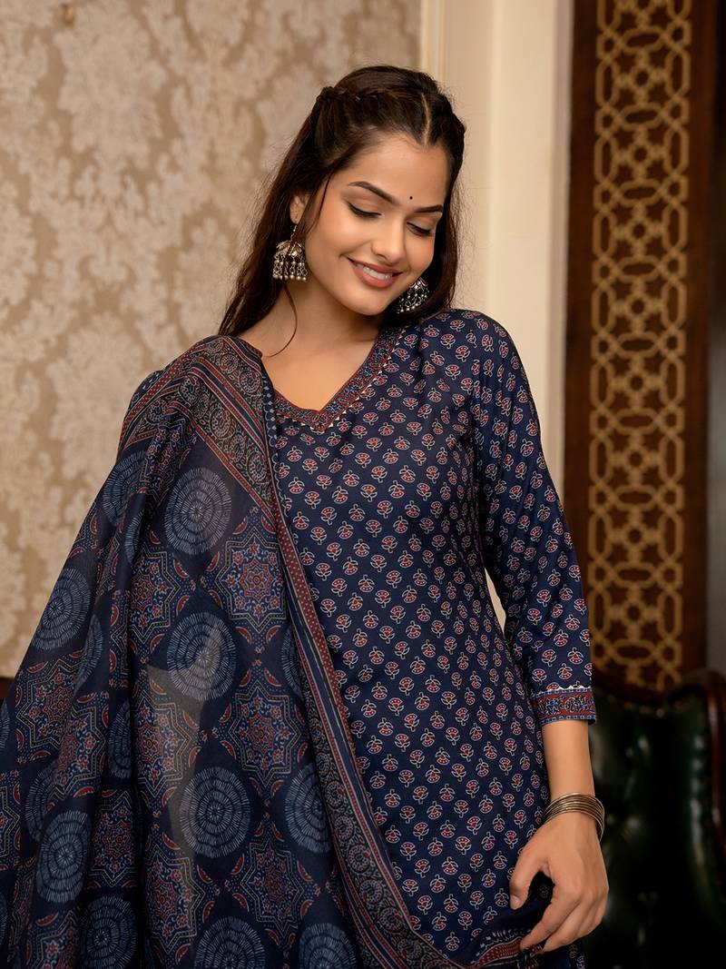 Navy blue printed cotton blend fancy straight trousers with dupatta